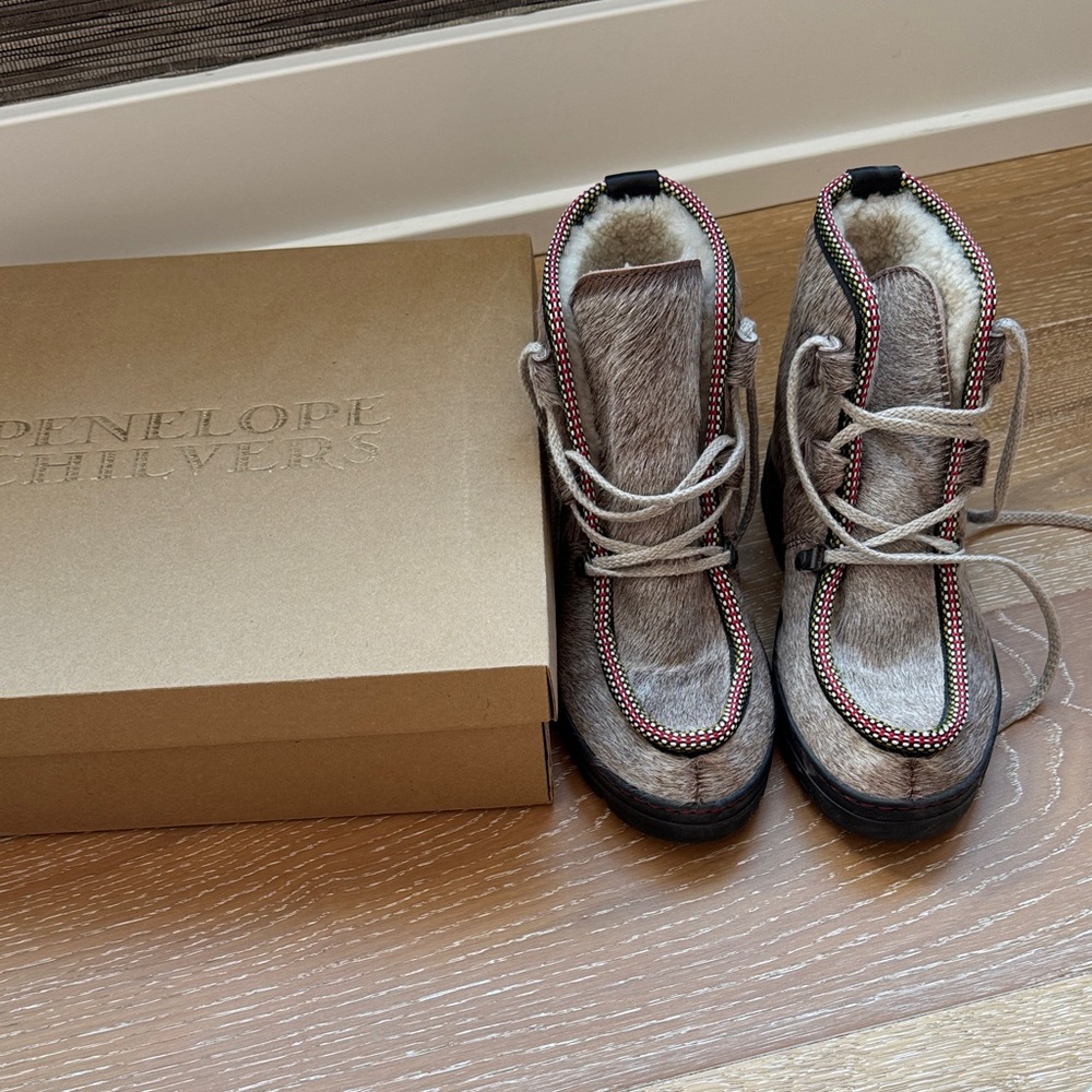 Penelope Chilvers Natural Fur Boots with Red Trim